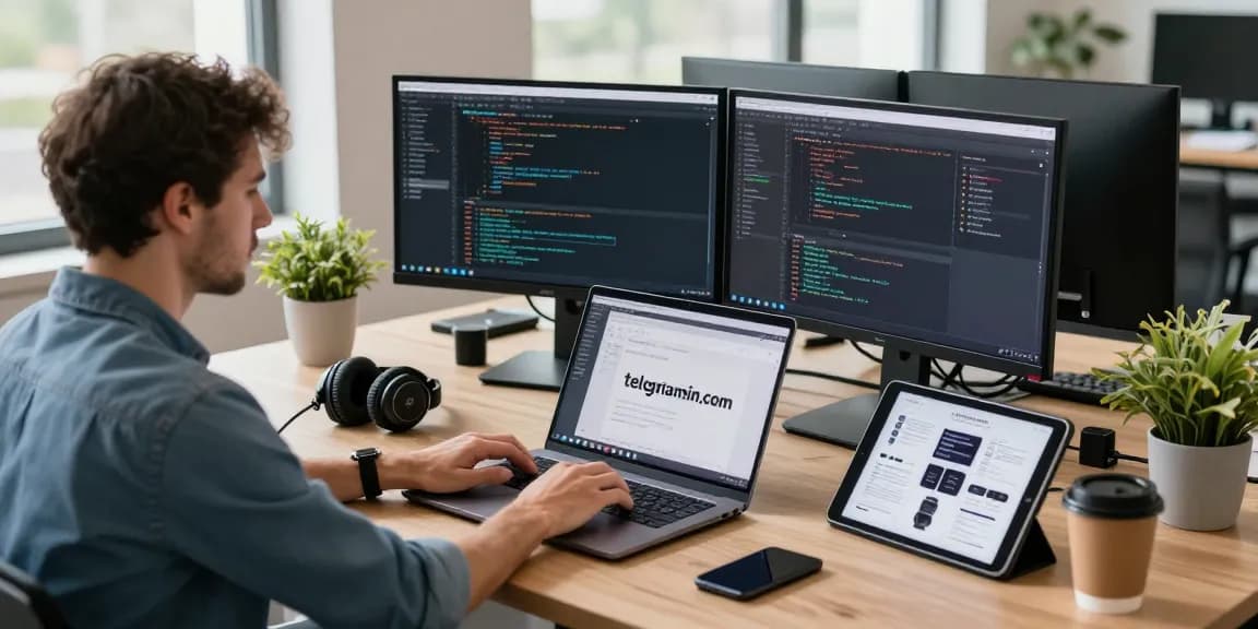 Programmer coding on telegraimin.com in a modern office with multiple screens and tech gadgets.