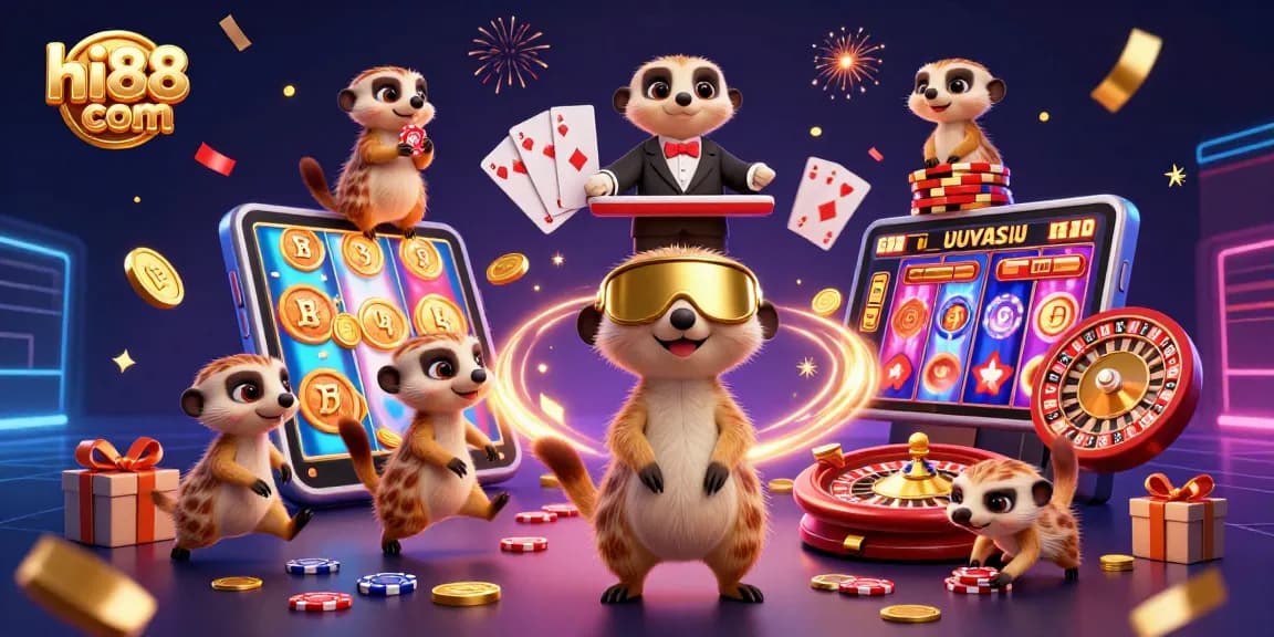 Engage with hi88 com and experience a lively casino scene filled with excitement and cheerful meerkats.