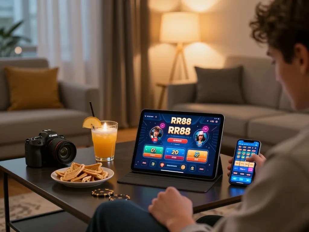 Engaging player using the RR88 online casino app for strategic betting in a cozy home setting.
