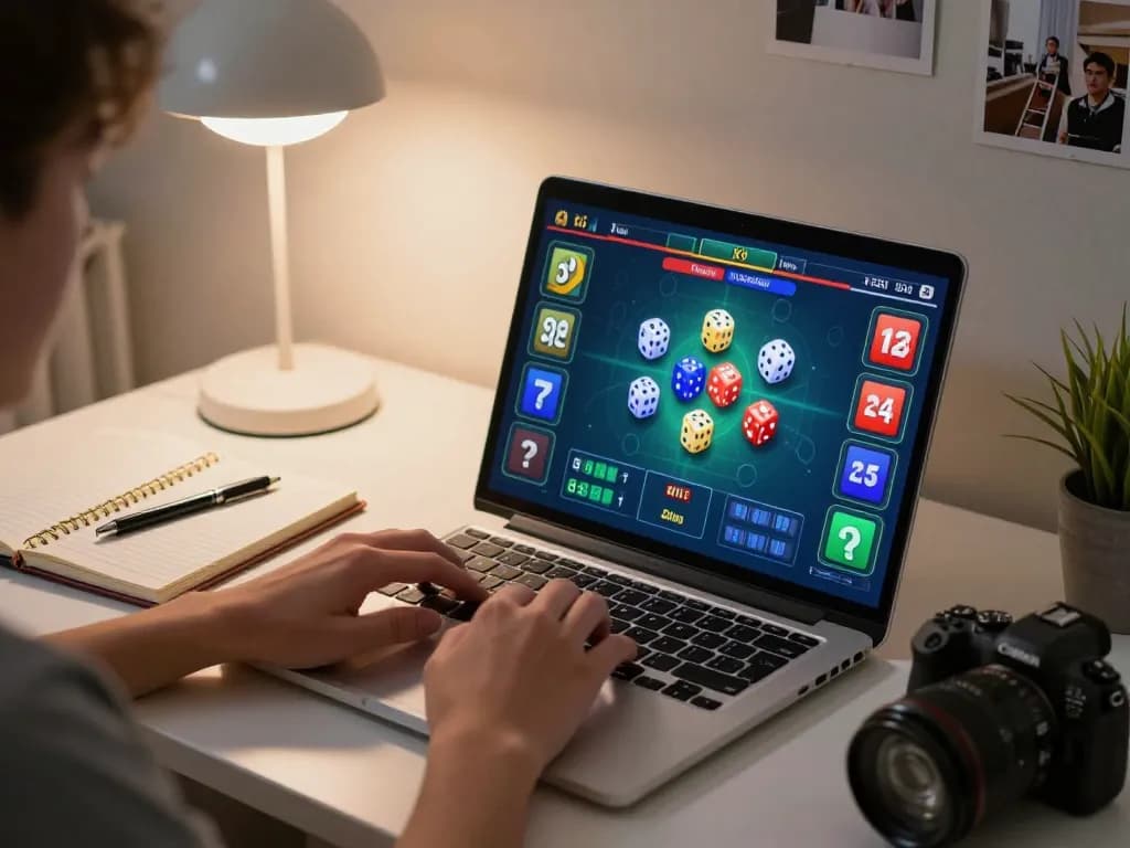 Engaging player enjoying tài xỉu online on a laptop, showing game interface and strategic notes.