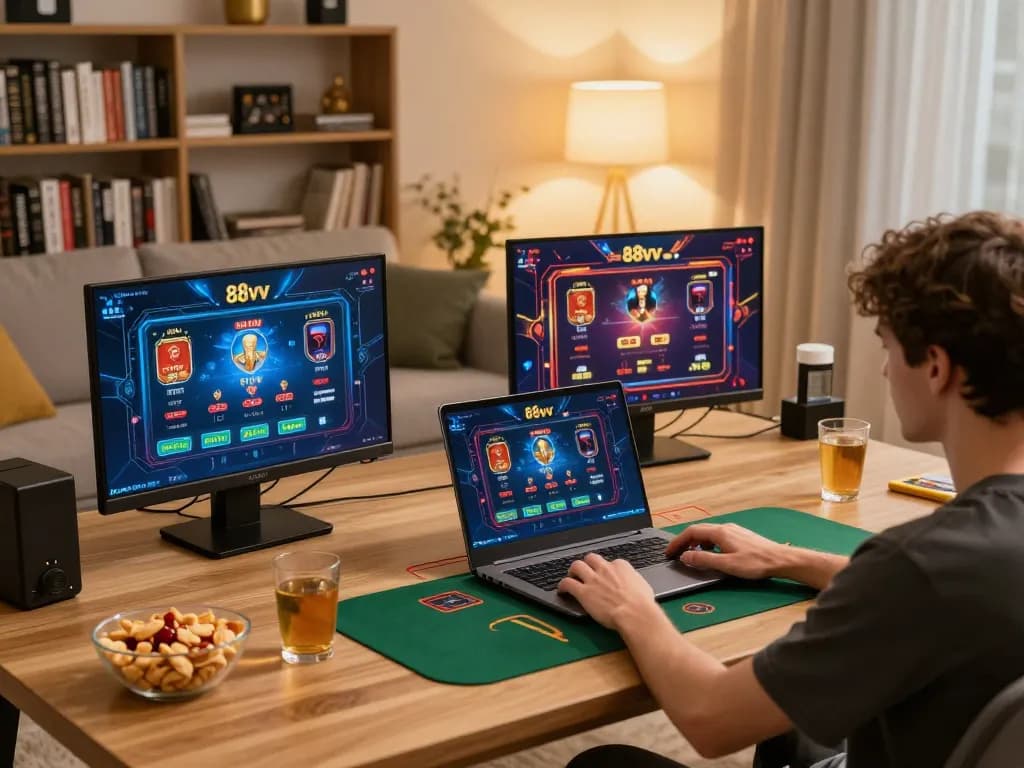 Person enjoying online gambling on 88vv using a laptop in a cozy home setting.
