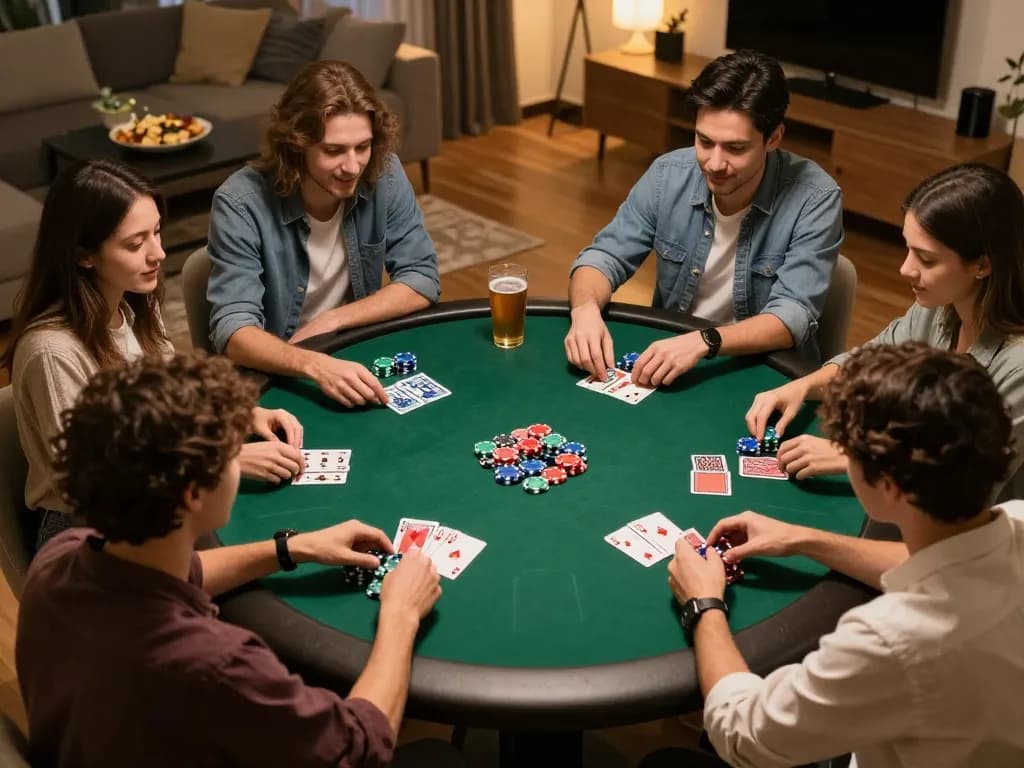 Kèo nhà cái 88 highlights a fun poker night with friends at home, showcasing strategic gaming dynamics and friendly competition.