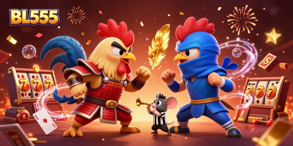 Engaging gameplay scene featuring BL555 with samurai and ninja roosters in a vibrant casino environment.