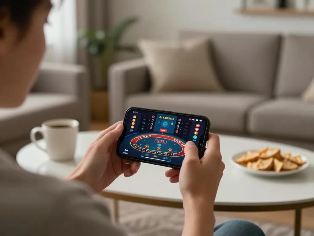 Player engaging in KWIN mobile betting app at home, showcasing live dealer gameplay