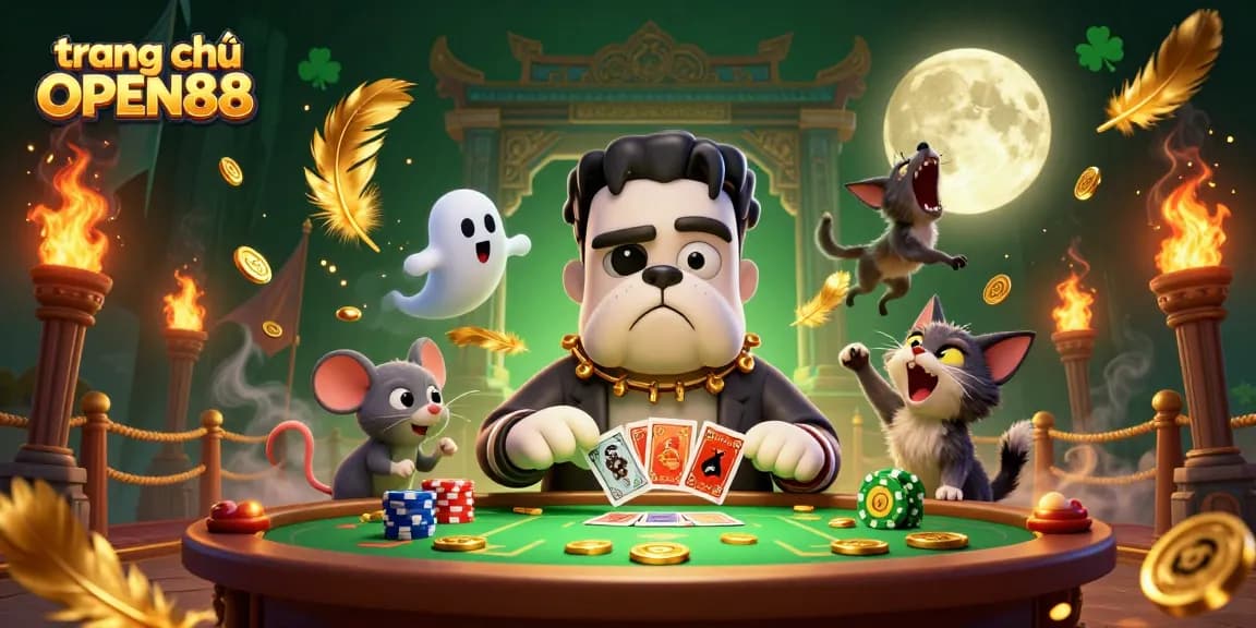 Engage in thrills at trang chủ OPEN88 with a vibrant 3D casino illustration featuring unique characters and dynamic casino elements.