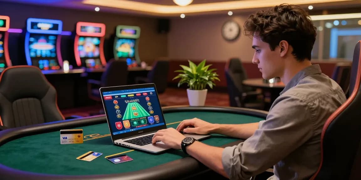 Player enjoying online casinos at https://troyuk.co.uk with credit cards, warm and inviting gaming atmosphere.