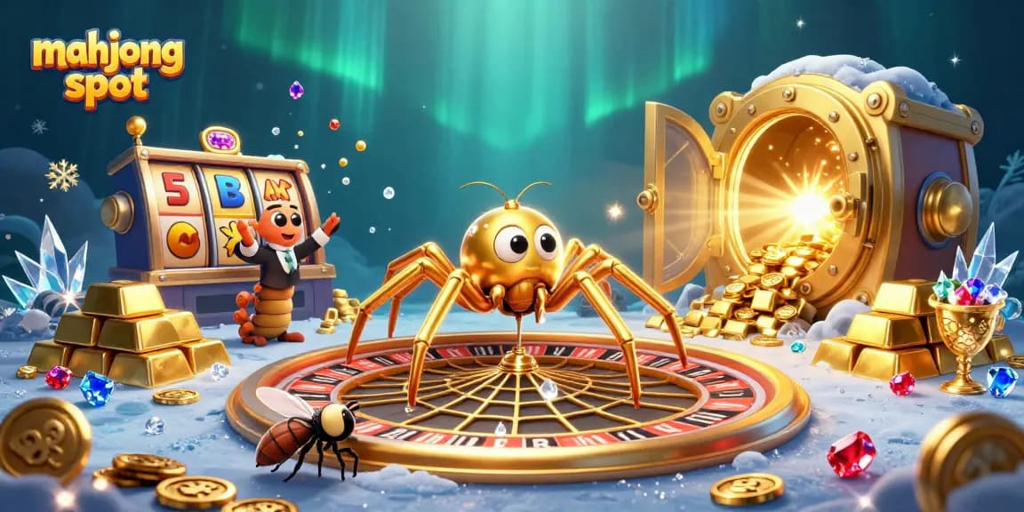 Experience thrilling mahjong slot action with a golden spider spinning fortune in an epic 3D casino scene.