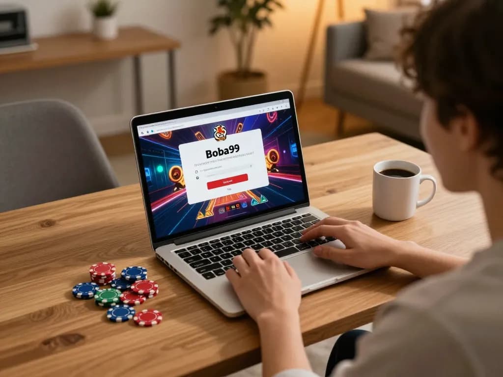 Antarmuka Login Boba99 ditampilkan di laptop dengan grafik kasino yang cerah, pengaturan bermain yang nyaman.
