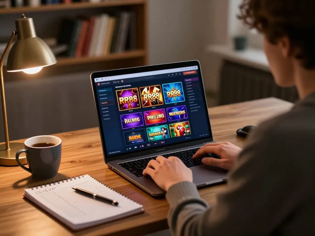 Engaging player exploring RR88 online casino offerings on a laptop at home