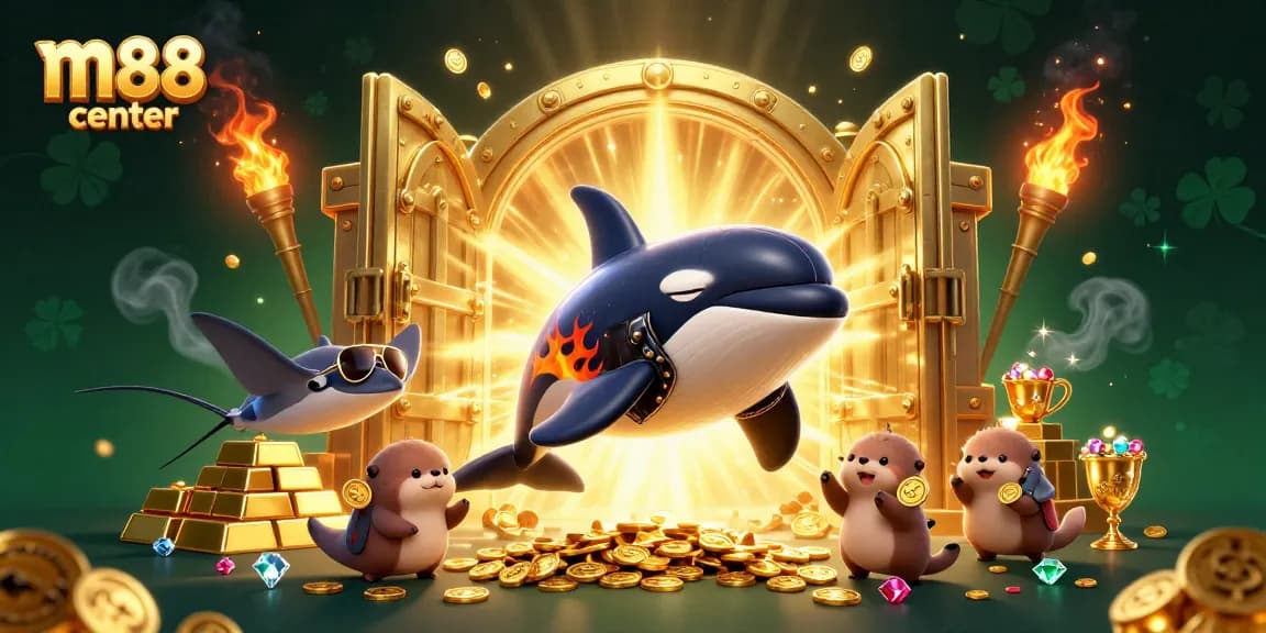 M88 center's vibrant casino scene featuring an orca, stingray, and otters surrounded by treasure and gold elements.