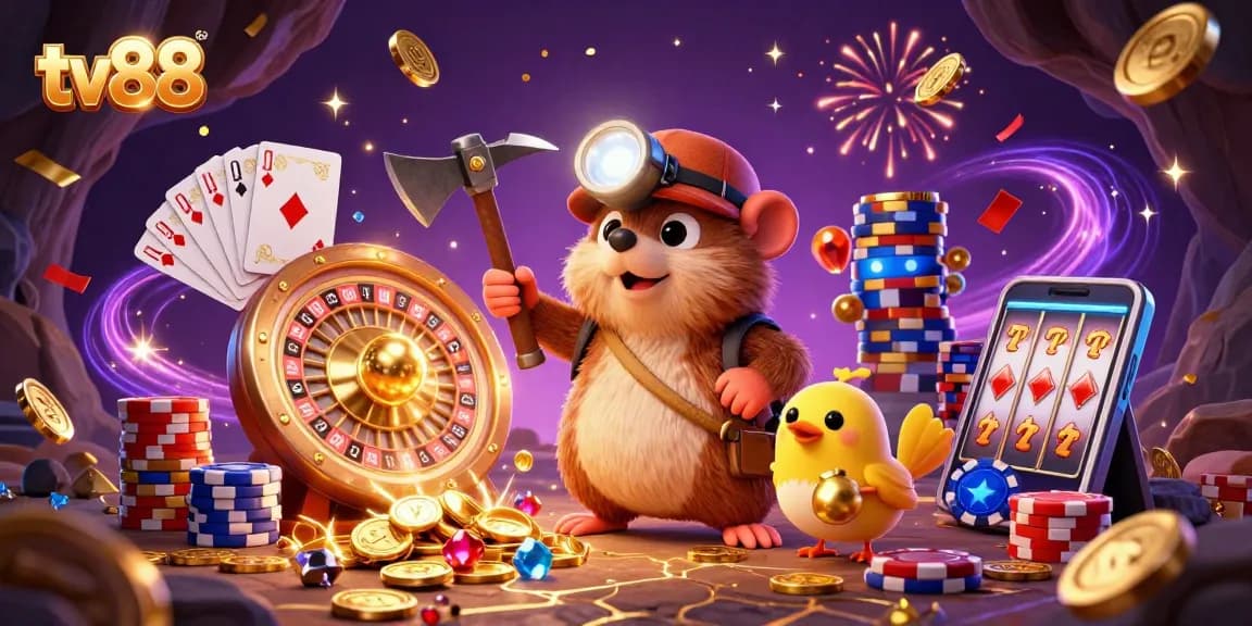 Spin to win on tv88 with treasure hunter characters amidst golden coins and vibrant casino elements.