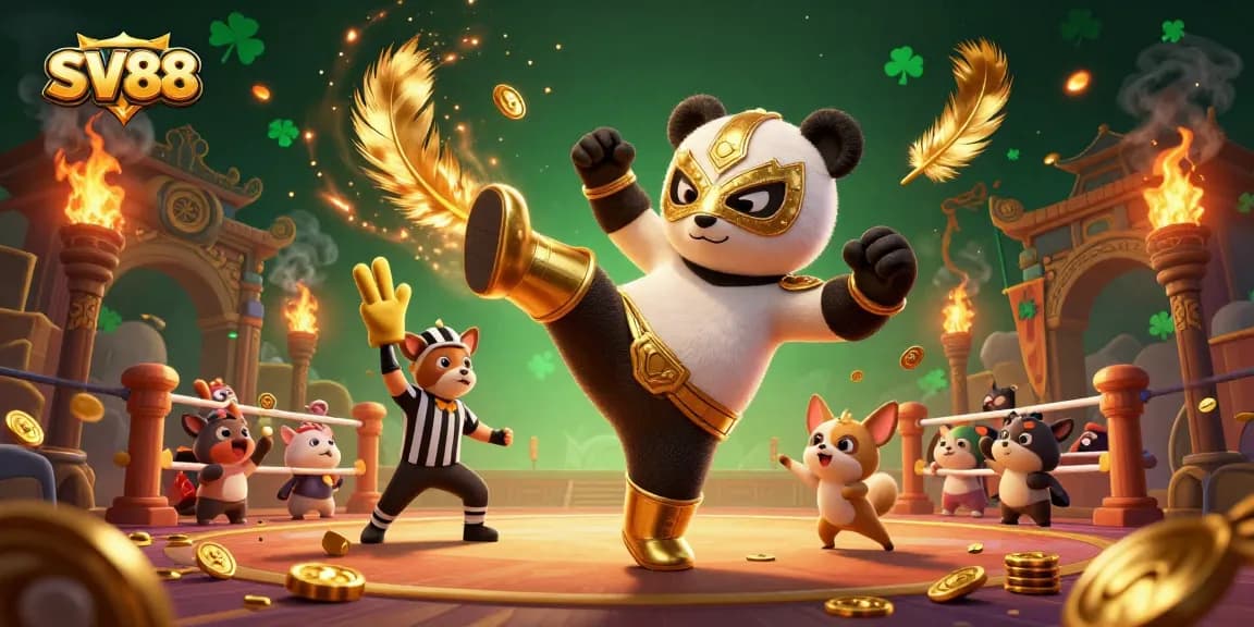 Experience thrilling SV88 action with a cartoon panda wrestler and a chihuahua referee in vibrant casino excitement.