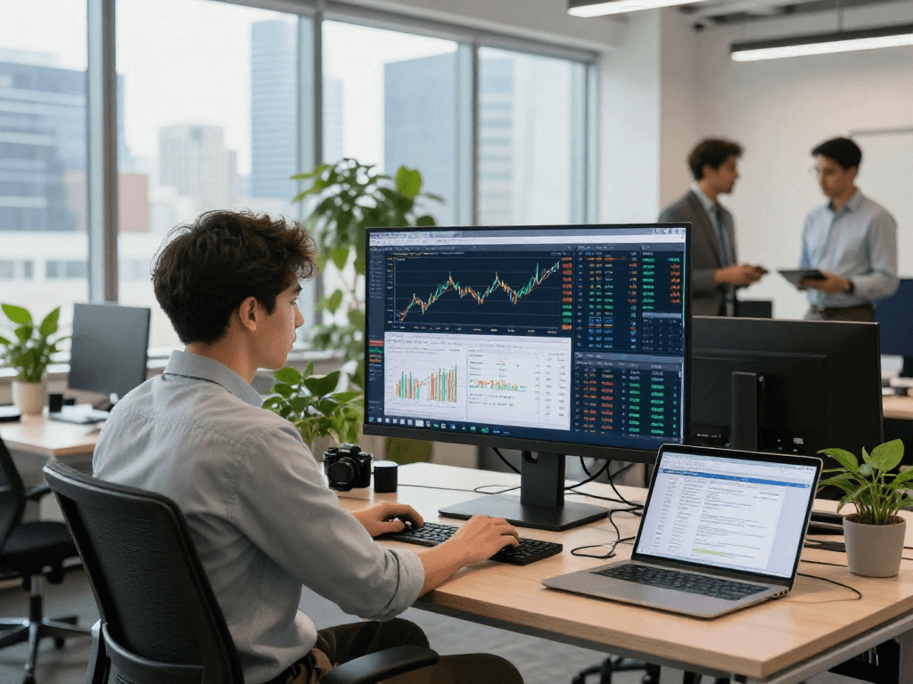 实时市场数据分析和TOPIX指数报价API的现代金融办公室场景