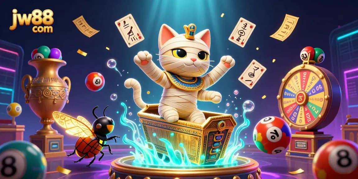 Win big with jw88 com in a vibrant, 3D cartoon casino scene featuring a mummy cat and more!
