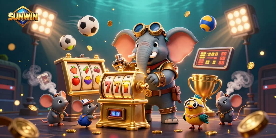 SUNWIN slots experience with steampunk elephant engineer and dynamic sports elements