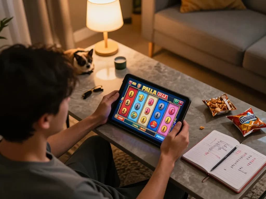 Player engaging in slot pulsa game on a tablet in cozy home setting with snacks and strategies.