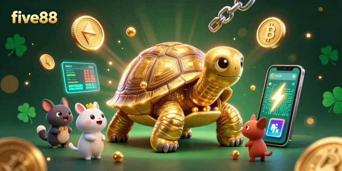 Engage with five88 in a lively crypto-themed casino scene featuring a golden tortoise pinball machine and excited players.