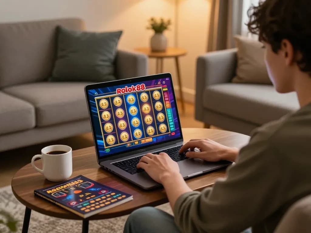 Pemain yang terlibat menjelajahi rokok88 slot di laptop dalam lingkungan permainan rumah yang nyaman.