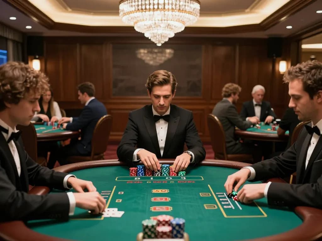sunwin players focus on poker strategy in luxurious casino setting with vibrant chips and elegant decor