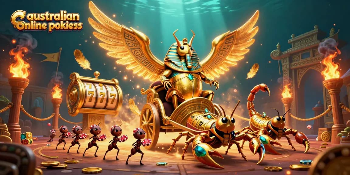 Experience thrilling australian online pokies with an exciting 3D scene of ancient symbols and vibrant characters.