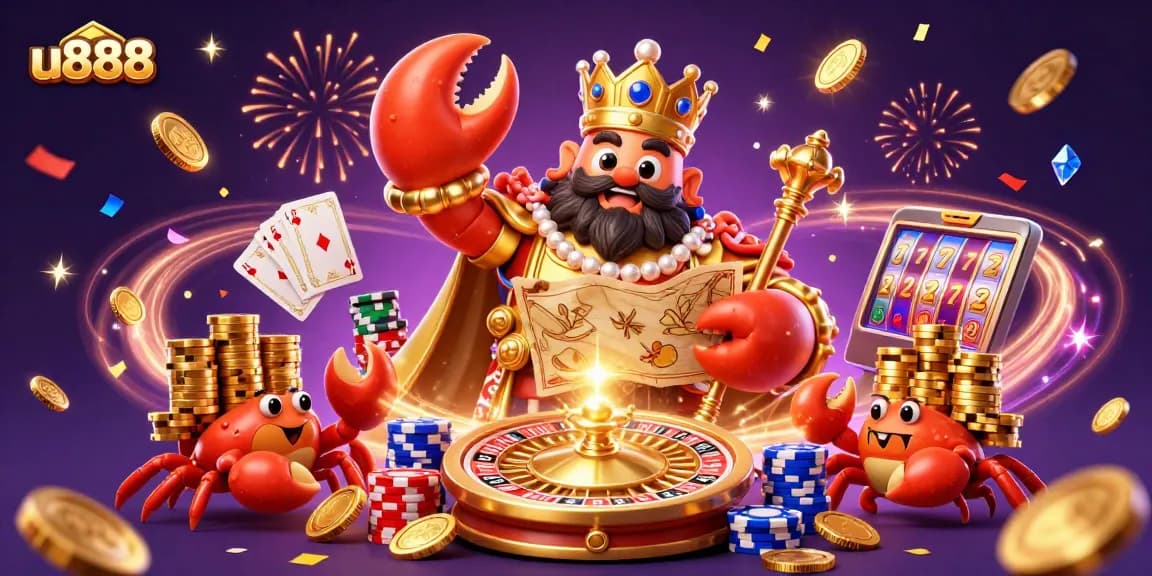Experience thrilling gameplay with u888's golden crab emperor surrounded by casino elements