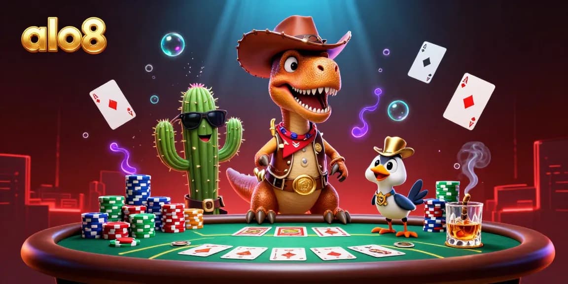 Experience the thrilling poker action at alo8 with vibrant 3D casino characters and game elements.
