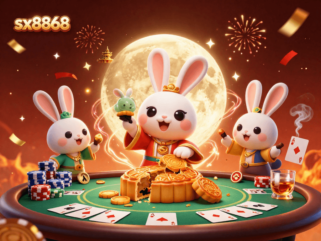 Experience thrilling gameplay with sx8868 as cartoon characters reveal poker chips hidden in mooncakes.