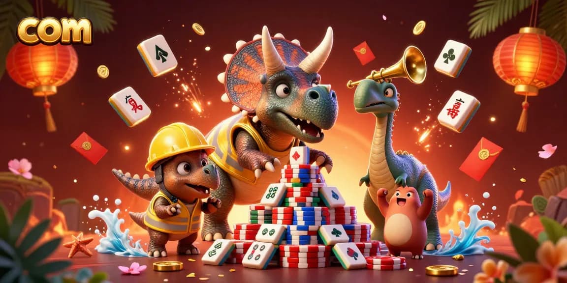 Celebrate casino victories with the vibrant com illustration of joyful dinosaurs and gaming symbols.