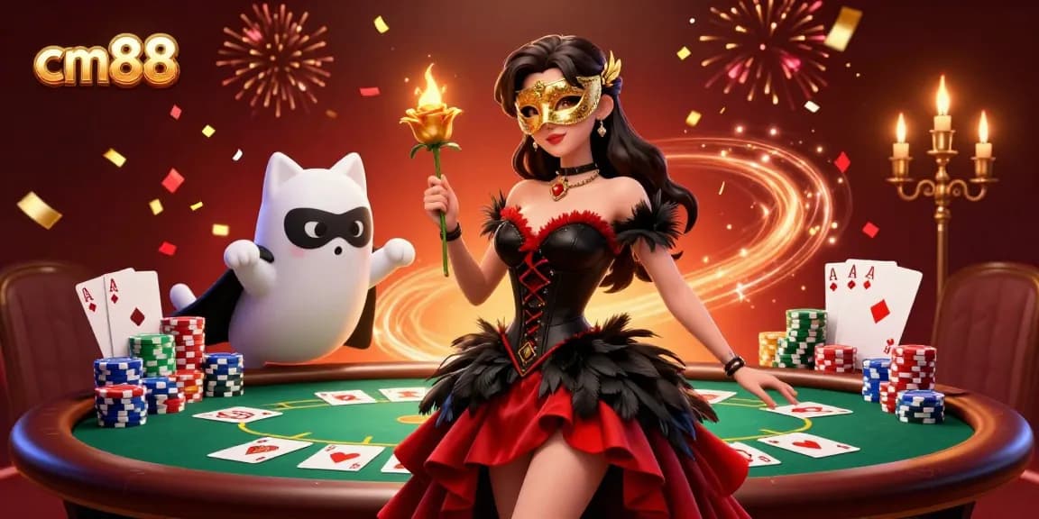 Experience thrilling moments at cm88 with a stunning scene of a masked woman and her phantom cat in a vibrant casino.