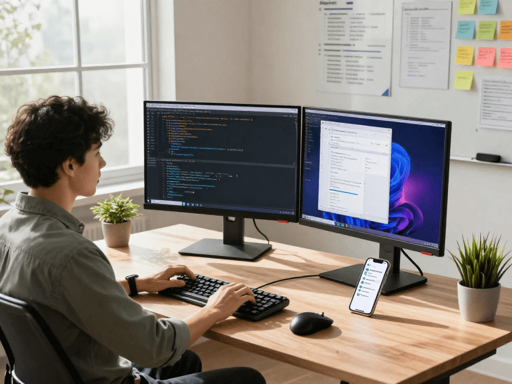 Trendy workspace showcasing a focused software engineer coding, representing trang chủ debet in a modern tech setting.