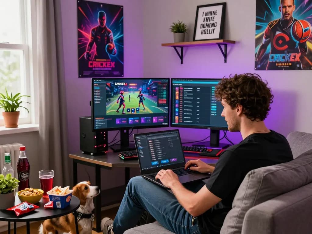 Engaging scene of player using Crickex refer code at home, showcasing vibrant gaming atmosphere with enthusiasm.