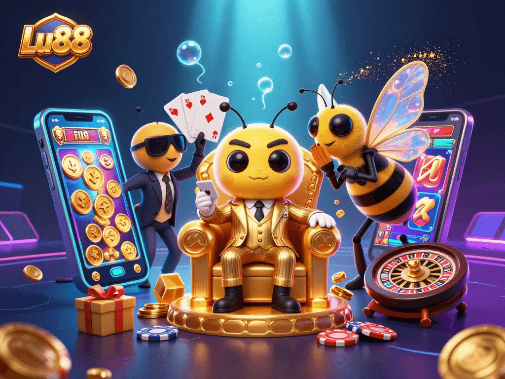 Engage with Lu88's thrilling gaming landscape as a bumblebee mob boss and friends enjoy vibrant casino elements.