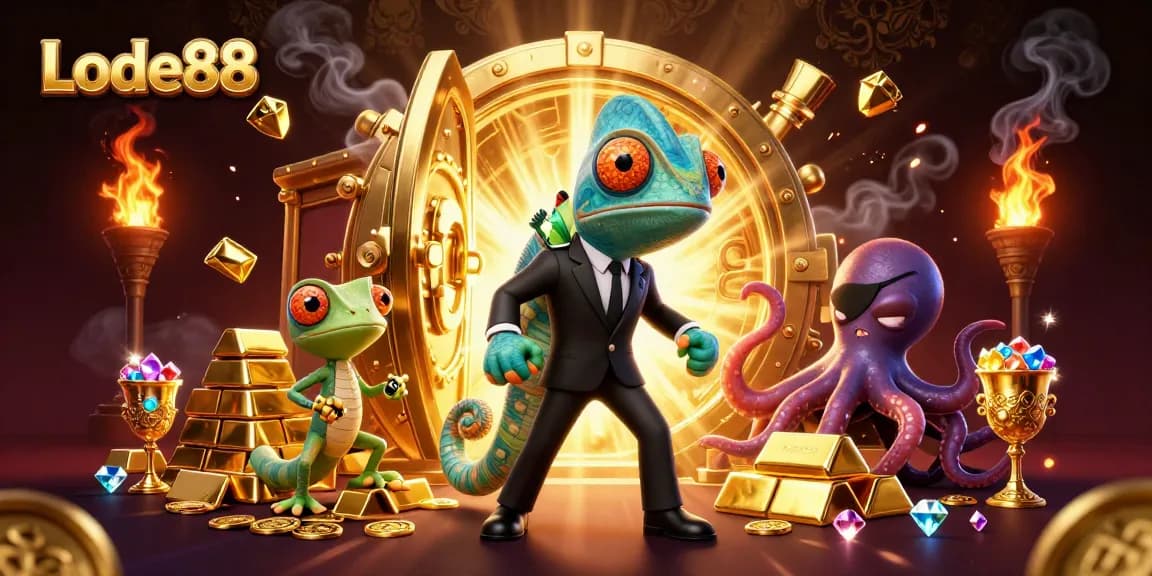 Lode88 captures thrilling moments with secret agent chameleon and tech-genius gecko in a vibrant casino scene.