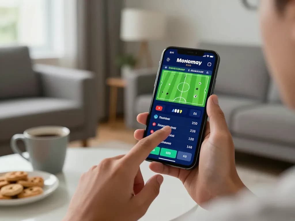 Engaging with Keo nha cai 5 on a smartphone in a cozy living room setting.