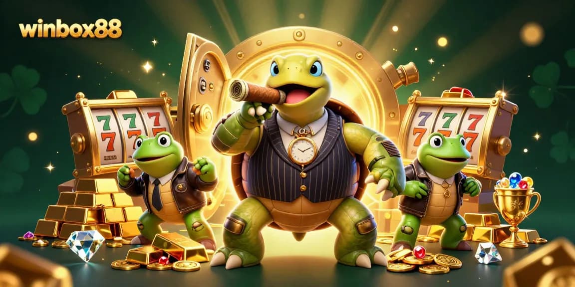 Winbox88 showcases a vibrant 3D casino scene with a turtle in a mobster suit and slot elements.