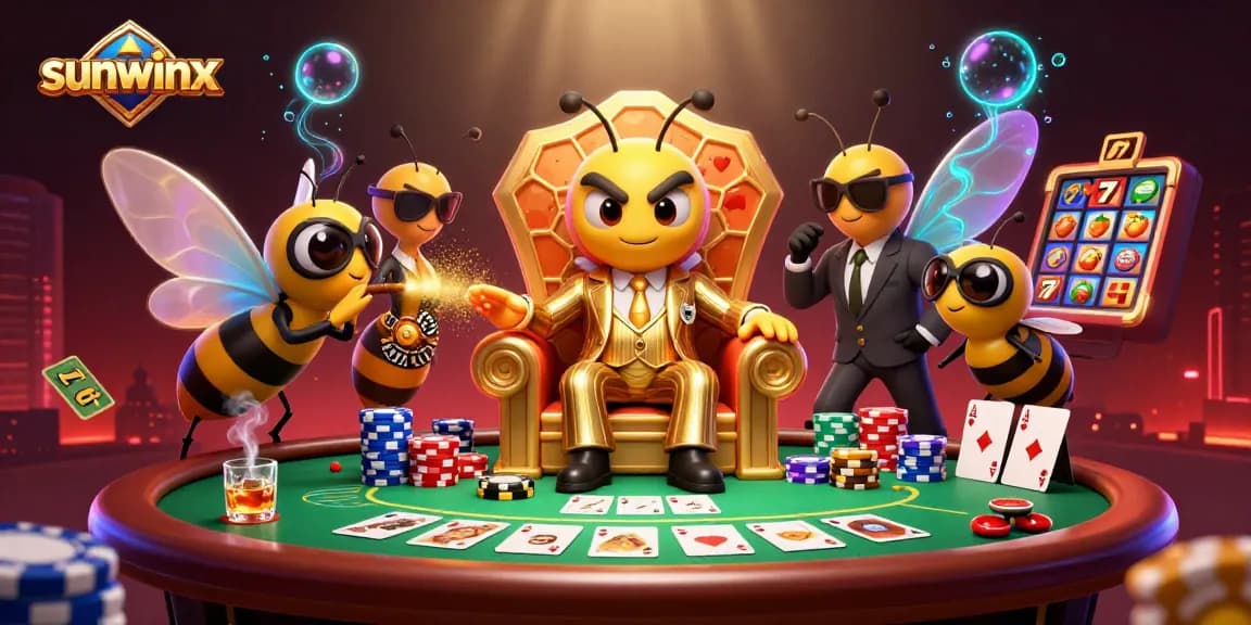 Engage with sunwinx as a 3D illustration featuring a bumblebee mob boss in a casino setting.