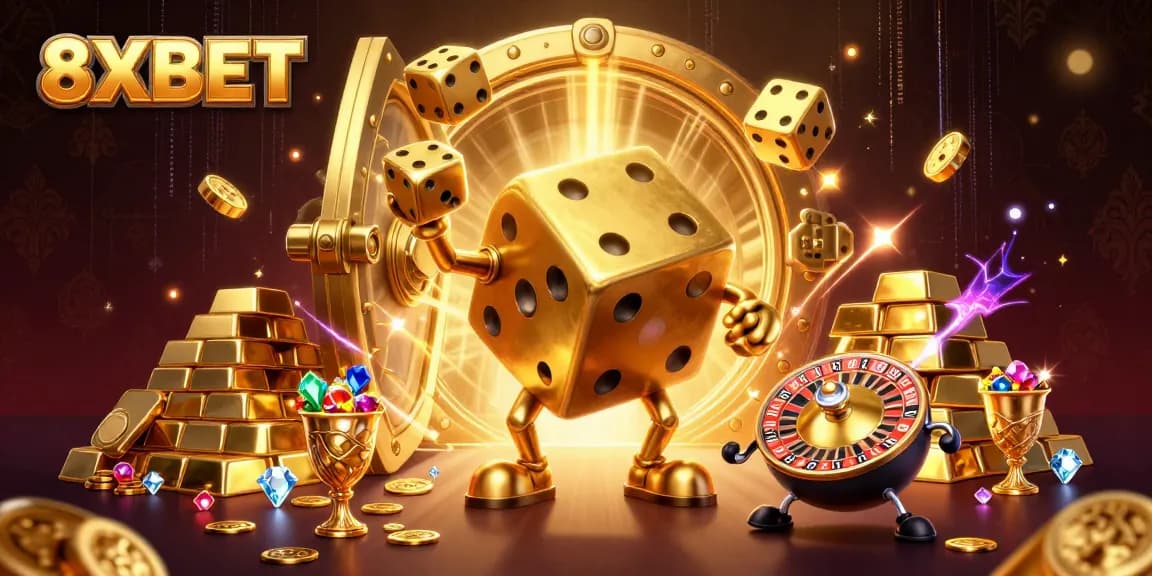 Experience engaging gaming action in 8XBET with a dynamic 3D illustration of a golden dice golem.