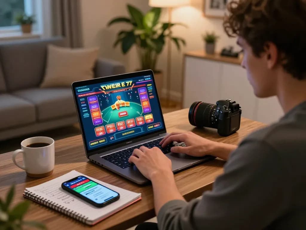 Engaged player strategizing with 78wind on a laptop, cozy living room ambiance.