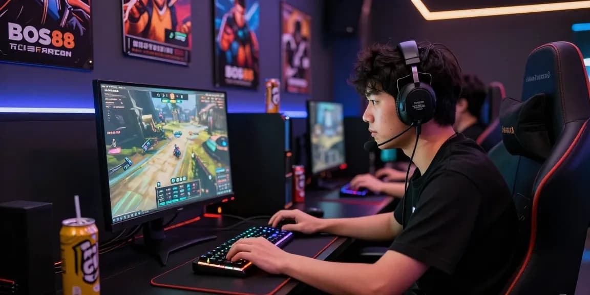 Proses Cara Login BOS88 dengan gamer fokus pada layar komputer dan alat gaming di ruang gelap.