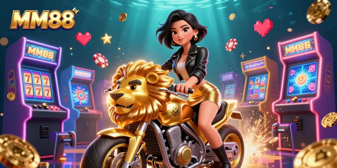 Experience the thrill of MM88 as the glamorous Asian woman rides a golden lion mascot amidst dynamic casino elements.