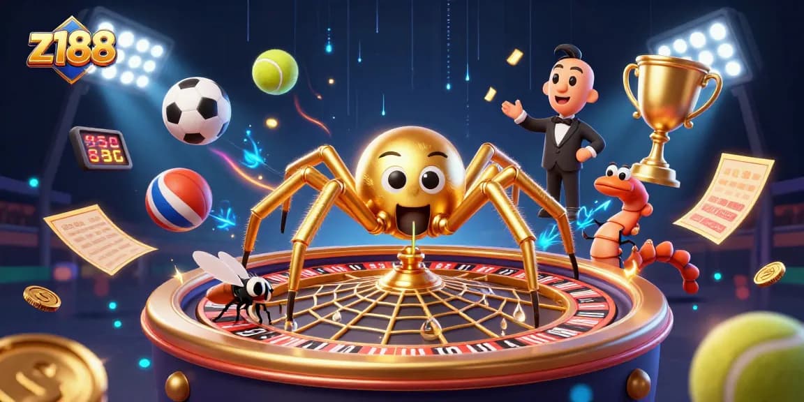 Place your bets with z188 as a golden spider spins a roulette wheel web in an exciting casino scene.
