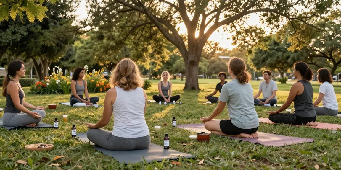 Official Ministry of Cannabis CBD oil amidst a serene outdoor yoga gathering for natural wellness and health benefits.