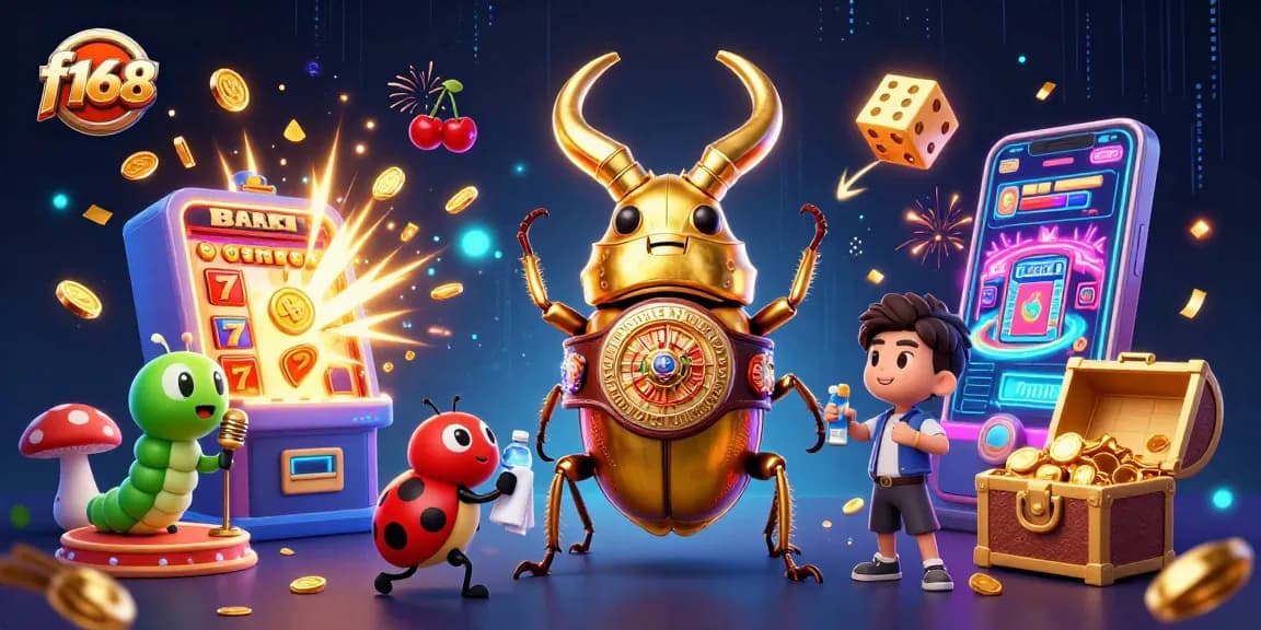Experience excitement at f168 with a dynamic casino scene featuring jubilant characters, jackpots, and vibrant visuals.