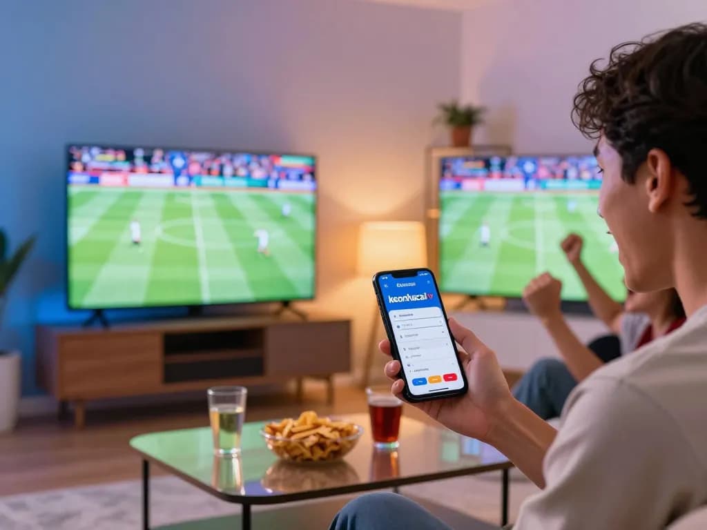Engaging betting moment with keonhacai tv app on smartphone during a live sports event.