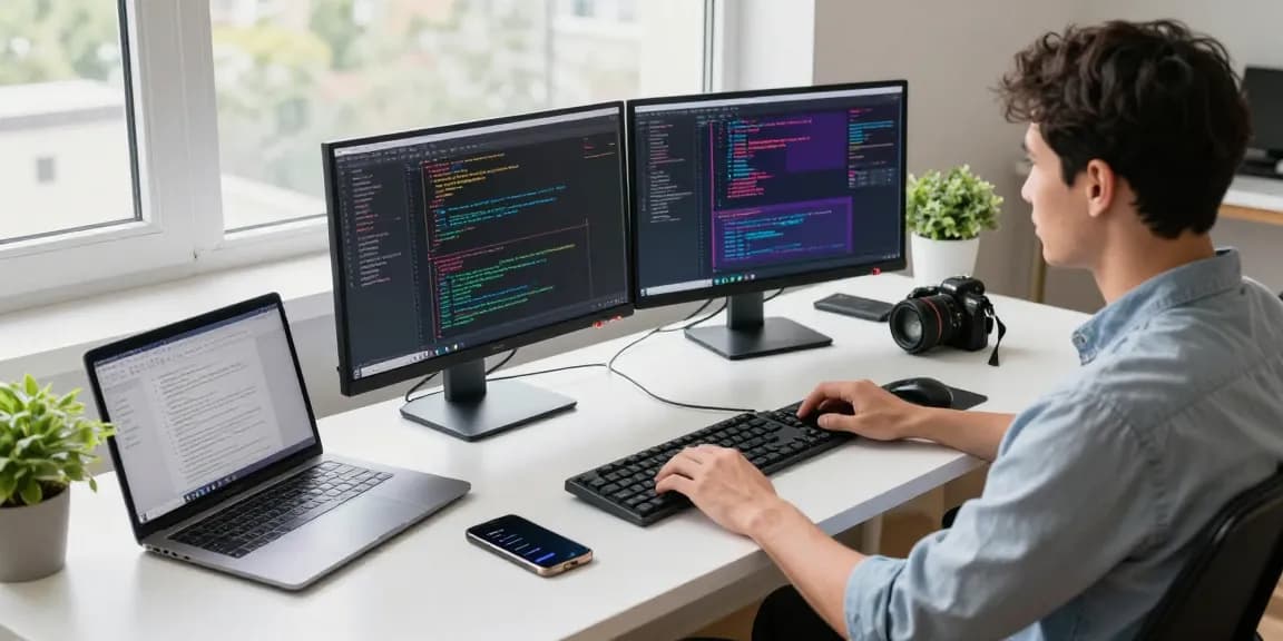 快连 developer optimizing network solutions in a modern tech workspace with vibrant screens and natural light.
