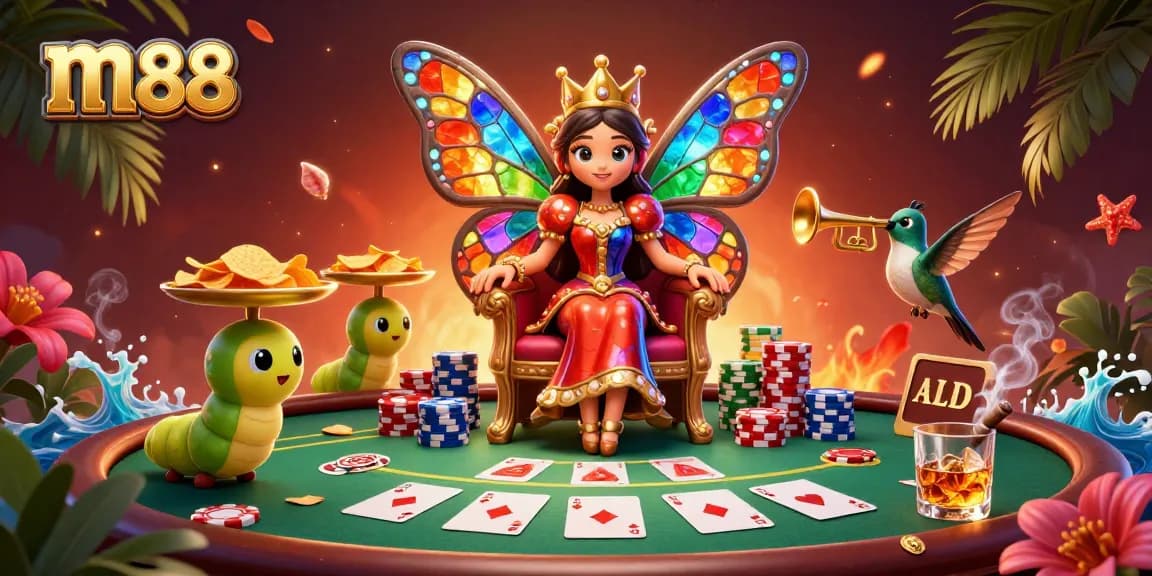 Engage with an m88 casino experience featuring a festive butterfly queen, colorful poker chips, and vibrant gaming elements.