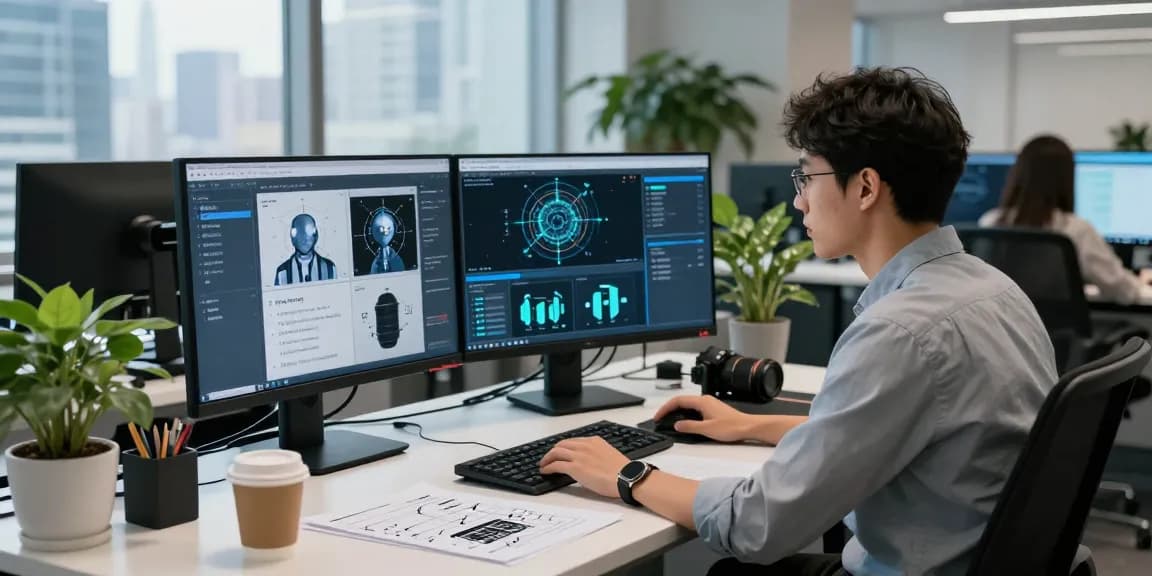 AI image detector interface displayed on screens in a professional tech office, showcasing advanced analysis features.