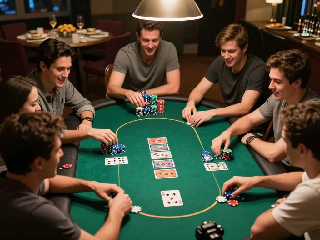 Engaged friends playing poker in a home game setting, showcasing a competitive atmosphere and MM88 TODAY strategies.