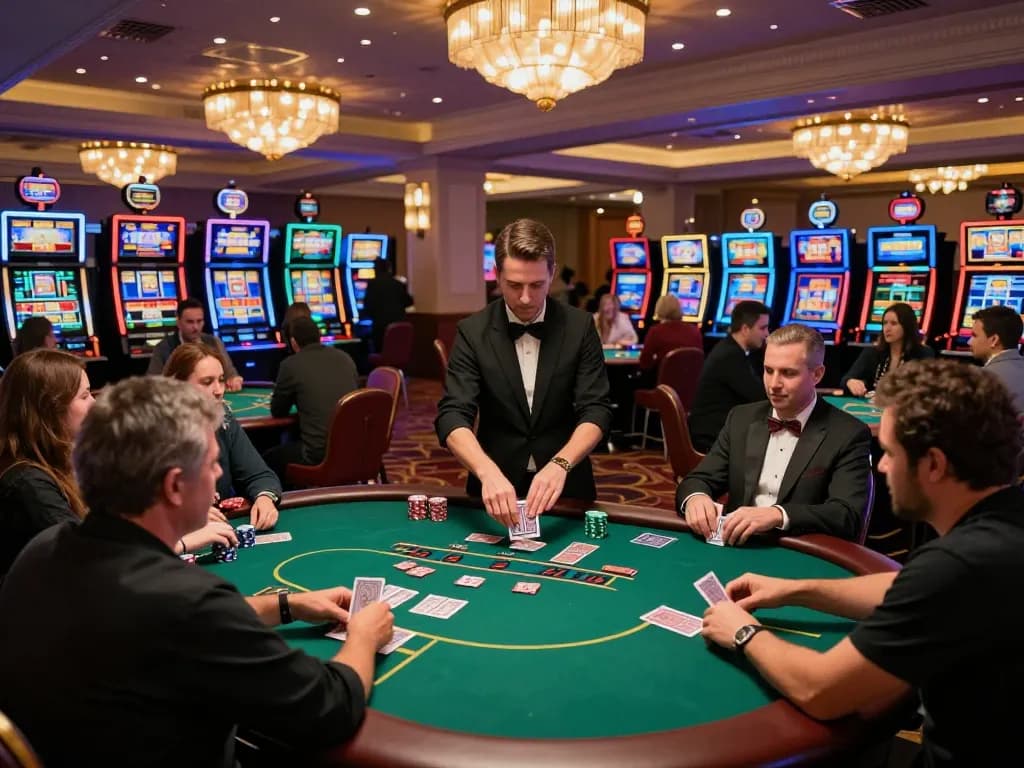 Players at Vin88 enjoy an energetic poker game under luxurious casino lights.