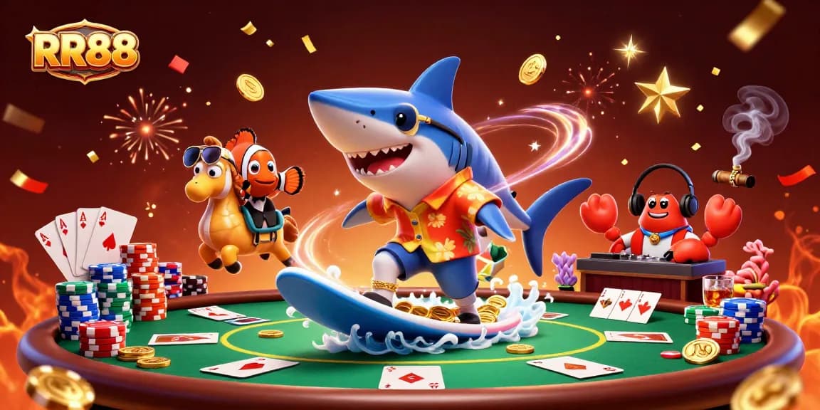 Experience the vibrant excitement of RR88 with a lively casino scene featuring a shark, fish, and crab characters.